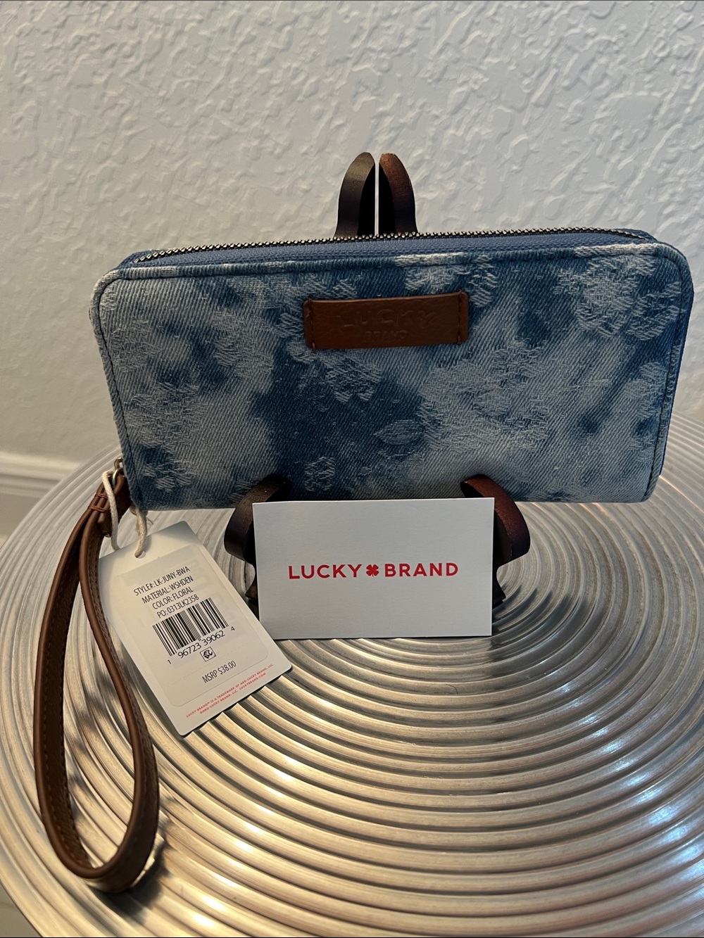 Lucky Brand Blue Denim Floral Wristlet with Brown Strap - Picture 10 of 10
